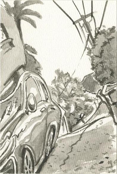 An ink drawing on postcard of a car, house, hills, trees, telephone pole