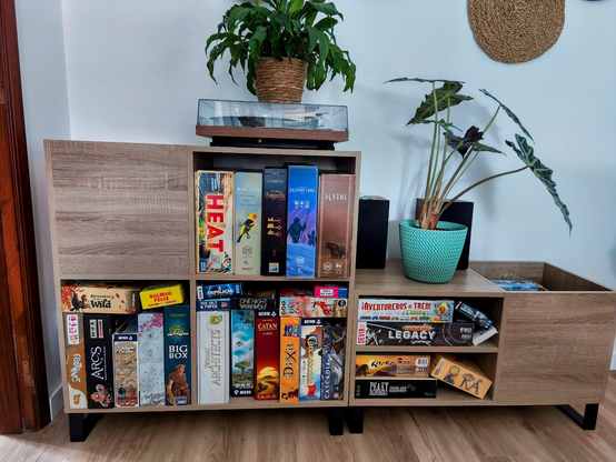 Esta imagem mostra uma estante moderna de madeira clara, com vários compartimentos repletos de jogos de tabuleiro, acompanhada por duas plantas decorativas na parte superior e lateral. Ao fundo, a parede é branca, e podemos ver um objeto de decoração circular de palha pendurado.
No centro da imagem, há uma estante de madeira com três níveis principais. A prateleira superior tem jogos agrupados em pé, enquanto os compartimentos inferiores têm jogos empilhados deitados ou em pé.
Em cima da estante, à esquerda, está uma planta verde num vaso de palha; à direita, uma planta com folhas grandes em um vaso azul claro.
A iluminação é natural, transmitindo um ambiente acolhedor e organizado.
Jogos que aparecem na estante (listados de cima para baixo e da esquerda para a direita):
Prateleira vertical central:
Heat
Wingspan
The Castles of Burgundy
Expeditions
Scythe
Prateleira horizontal inferior (da esquerda para a direita):
Defenders of The Wild
Salmão Feliz
Footprints
Arcs
The White Castle
Senjutsu - Battle for Japan
Isle of Skyes
A Tripulação
Sea Salt & Pepper
One Night Warewolf
That's Not a Hat
KanaGawa
7 Wonders Architect
Planta Nubo
Catan
Dixit
Carcassone
Cascadia
Prateleira horizontal à direita (da esquerda para a direita):
Aventureros al Tren! Europa (Ticket to Ride)
Pandemic Legacy
Kitara
Peaky Blinders
Ra
A imagem transmite a paixão por jogos de tabuleiro, organização e um toque de natureza em casa.
(descrição gerada por IA)