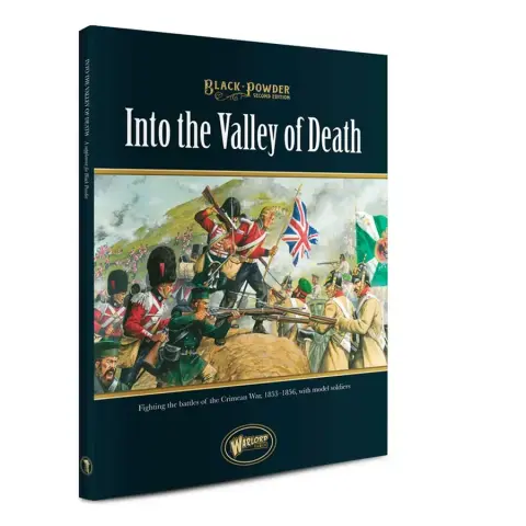 A book titled "Into the Valley of Death" from Warlord Games features a colorful cover illustration depicting a dramatic scene from the Crimean War. British and Russian soldiers are engaged in battle, with a prominent British flag and various military uniforms visible. The title and publisher's logo are displayed prominently at the top and bottom of the cover, emphasizing its connection to the Black Powder game system.