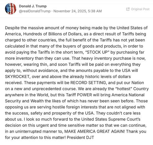 Tweet from Trump praising the tariffs and all the money it made.
