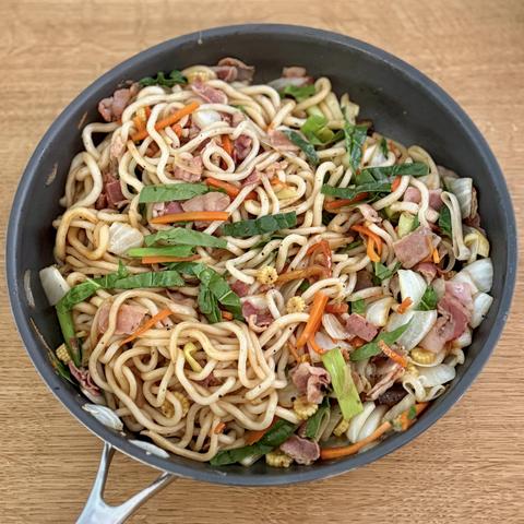 The dish still in the frying pan.