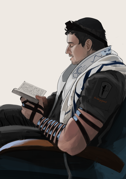 digital painting of a Jewish man in uniform, side view, ith a kippah, tallit, tefillin, and holding a siddur in his hands.