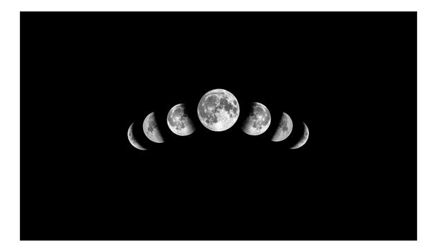 Photograph of a lunar cycle sequence, displaying seven moon phases arranged in a semicircle against a solid black background. The phases, from left to right, show a progression from a thin crescent to a full moon and back to a thin crescent. The moon's surface is detailed with craters and grayish-white tones.