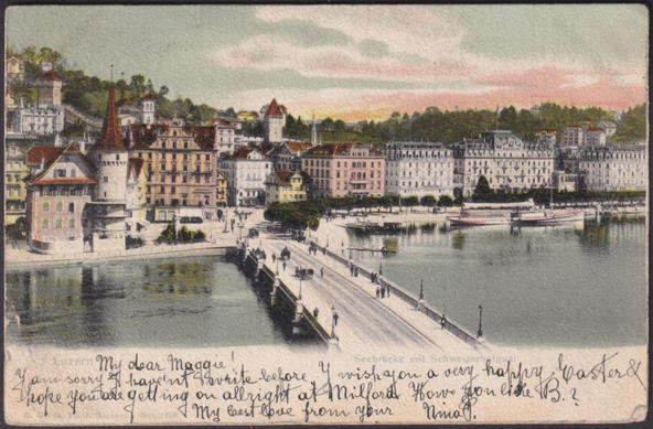 Printed colour postcard showing a view of the Seebrücke and Schweizerhofquai at Luzern or Lucerne in Switzerland.

Published by Emil Goetz, Luzern, No 1278 (18695), undivided back.

Postally used on 14 April 1906 with Luzern cancellations on red 10r stamp and sent to Miss Maggie Frampton, Milford, Surry Road, Bournemouth, Hampshire, England.

Good condition, with slight corner bumps, but light knocks to three corners and small light creases to bottom left corner.