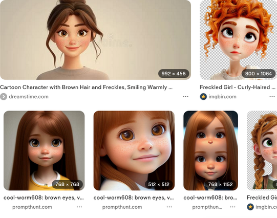 I searched for an animation film with a freckled girl but search doesn't work anymore. Image result from Duckduckgo showing only pure AI generating websites, of course, trained by artists content. The images are so ugly and creepy (one is a girl with 4 eyes, 32 noses and one mouth) and showing a horribly biased "beauty ideal" of girls.