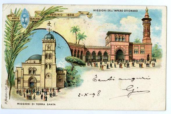 The image depicts an illustrated postcard from 1898, showcasing the Torino Mission of the Ottoman Empire. It features a vibrant and detailed depiction of architectural structures resembling mosques with ornate domes, arches, and minarets typical to Islamic architecture. The buildings are painted in shades of reds, pinks, blues, greens, and yellow against a blue sky background with palm trees suggesting an arid environment.

A green plant is partially framing the left side of the image, adding contrast to the colorful scene. A crowd of people, possibly pilgrims or locals, gathers outside one of the mosques near what appears to be a gate leading into another building complex within this mission site. The postcard carries inscriptions including "ARTE SACRA" and "MISSIONI DI TERRA SANTA," indicating religious significance and connection with holy missions.

There are handwritten inscriptions on the bottom right corner, likely personal annotations or signatures from someone named Gigi who visited Torino in 1898. The date written is '2-6-x-48,' which could be shorthand for February sixth of a year ending in eight.