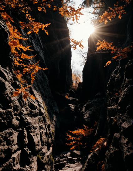 Sunlight pierces the narrow gorge, casting radiant beams across rugged stone and fiery autumn leaves. The canyon’s steep walls cradle a rocky path below, where shadow and warmth entwine in a moment of suspended grace. Nature’s raw geometry meets fleeting light—an invitation to wander, to witness, to feel.
Sonnenstrahlen durchdringen die enge Schlucht und werfen leuchtende Lichtbündel auf raues Gestein und feuriges Herbstlaub. Die steilen Felswände umarmen den steinigen Pfad darunter, wo Schatten und Wärme sich in einem Moment schwebender Anmut verweben. Die rohe Geometrie der Natur trifft auf flüchtiges Licht—eine Einladung zum Wandern, zum Staunen, zum Fühlen.