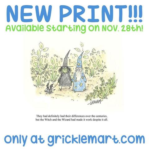 An image of a new print of the Witch and Wizard characters from Graham Annable. Available at gricklemart.com