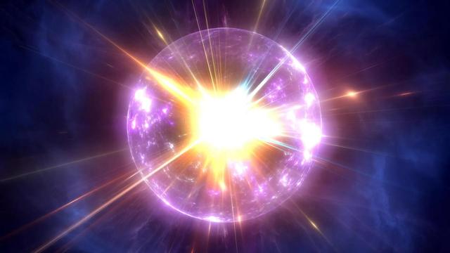 A large explosion representing the expanding universe and big bang. The central explosion is white, it is surrounded by a spherical energy pulse with bright streaks and fades into purple.