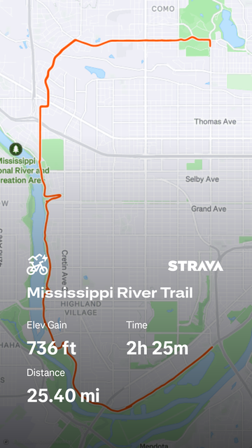 Strava map showing a route along the Mississippi River Trail in Saint Paul, MN