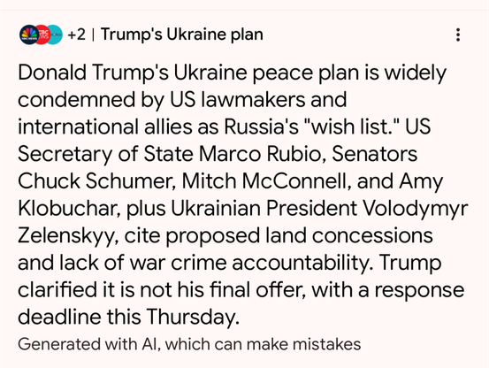 An A.I. summary of news reports the recent White House proposal for peace in Ukraine.