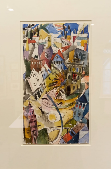 Aquarell
Blick von oben auf eine Stadt mit einem Platz, eines der Häuser explodiert.