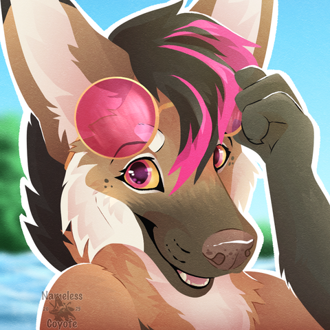 A headshot lineless drawing of a anthro female maned wolf. Mostly natural colors and markings but she got pink highlights in her hair and pink eyes. She's wearing and lifting up golden round rim sun glasses won't pink glass. Looking back at the viewer with a smile.