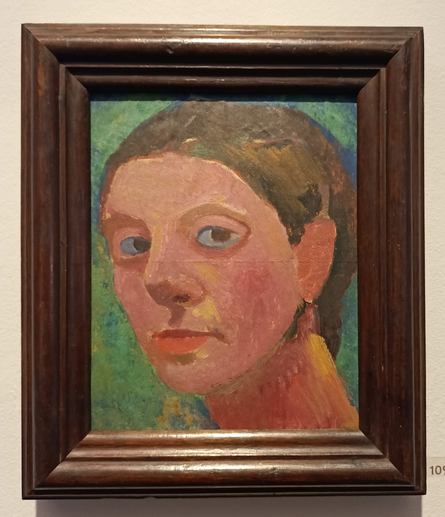 Gemälde
Bildfüllendes Frauenporträt vor grünem Hintergrund