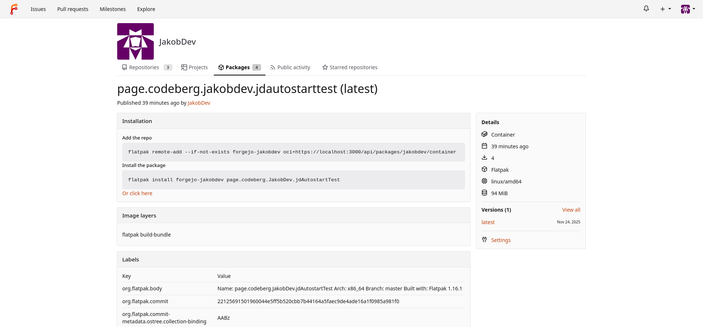 A Screenshot showing the new Flatpak package UI in Forgejo