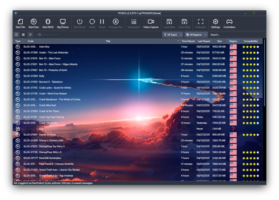🕶️ A view of its user interface (labeled v.2.3, taken from the website) illustrating the custom background addition feature in v2.5.168, showing the list of games recognized on the hard drive with various details (play time, date of last play, game size, game region, emulator compatibility rated from 1 to 5 stars), and a beautiful sunset as the wallpaper.

📚️ PCSX2 is a libre, multi-platform and mature SONY PlayStation 2 game console emulator supporting a large part of the original PS2 library. In addition to fully emulating the original PS2 library, it offers support for custom resolutions and upscaling, state saving (to pause and resume a game at any time), virtual and shareable memory cards, a patching system, an internal recorder for lossless quality at full speed, and more. It requires the original BIOS (no HLE BIOS yet). A great tool.