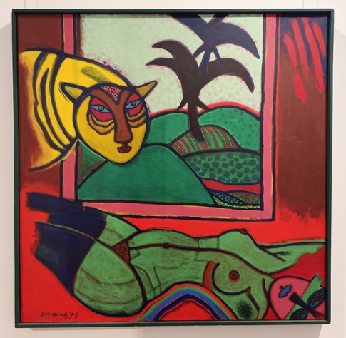 Gemälde im Comic-Stil
ein von links ins Bild schauender gelber Tiger über einer fast nackten liegenden Frau, die in Grüntönen gemalt ist