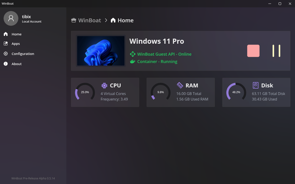 🕶️ A view of its UI (v.0.5.14, with a dark interface) with Windows 11 Pro installed, in an elegant interface specifying the characteristics of the virtualized system (CPU, RAM, Disk).

📚️ WinBoat is a libre tool that allows you to run Windows applications on Linux using a containerized approach in an Electron application. Windows runs as a virtual machine inside a Docker container, and the tool communicates with it using the WinBoat guest server to retrieve the data it needs from Windows. It uses FreeRDP with the Windows RemoteApp protocol to compose applications as native windows at the operating system level, providing a native experience through an elegant and intuitive interface that seamlessly integrates Windows into a Linux desktop environment. It also offers extremely simple installation of Windows under its interface.