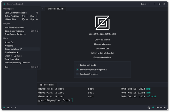 🕶️ A view of its UI (on a dark theme) at startup: the interface is uncluttered, with each icon leading to a menu. The main tab displays its icon and below it offers the option of enabling or disabling Vim mode, sending anonymous usage data, and crash reports.

📚️ Zed is a libre, multi-platform IDE written in Rust by the authors of the Atom IDE. It is designed to be extremely fast and powerful (using all CPU cores and the GPU), stable (developers experienced in this type of tool, deliverables fully tested), and collaborative (low-latency collaborative editing in shared space, including on code not yet saved, virtual desktop, shared document for note-taking, audio and text chat). It also features assisted editing (Copilot, GPT-4), autocompletion and syntax highlighting with diagnostics and refactoring, an integrated terminal, a Vim mode with assistance, and themes.