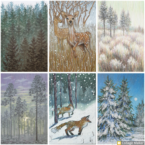 A photo collage of some of my winter themed artworks:
A dense deep forest as snow starts to fall
Two deer in a meadow in early winter
A frosty rural scene with trees
A cold frost morning scene with trees
Foxes on a snowy night
Trees laden with snow