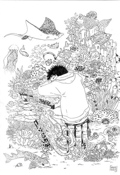 Black and white drawing showing a character sleeping on a desk surrounded by marine animals and algae
