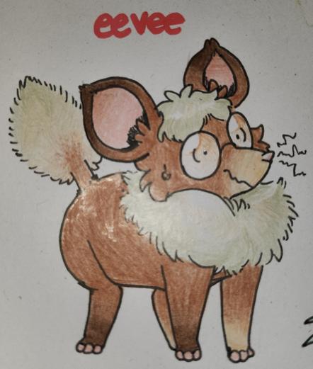 Oliver, an Eevee. His fur is mostly a light brown, with dark brown, tan, and grey areas. The tips of his ears and both of his right paws are dark brown, his snout, both of his left paws, and some of the hair around his neck and tail are tan, and the rest of his neck and long tail fur, as well as the fur atop his head, are grey. His ears are unusually large and round for an Eevee, and his snout is unusually long with a pink nose, matching his bare pink toes on all of his paws. His tail also has an odd section of short fur near the base, making it appear as though it has been shaven down. He is wearing oversized circular glasses, which accentuate the anxious look on his face, making his beady eyes appear much larger.