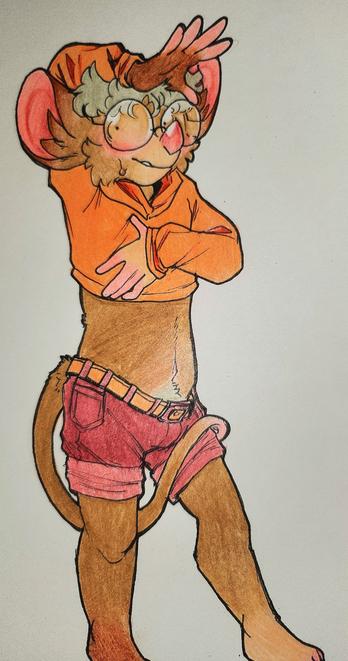 Oliver, an anthropomorphic mouse. Most of his fur is a light brown, with dark brown, tan, and grey areas. The tips of his ears, as well as his right hand and foot, are both dark brown. His snout, as well as his left hand and foot, are tan. His hair, both on his head and leading to his groin, is grey. All of his visible skin is pink, including his inner ears, nose, fingers, toes, and tail tip. His nose is a darker pink than the rest, as he is blushing heavily. He is wearing large round glasses, an orange cropped hoodie with a matching belt, and pink shorts that have been rolled up to show off his thighs. He is striking a somewhat awkward pose, putting his right arm over the back of his head and splaying out his hand while resting his left hand on his chest. His left leg is also held outwards, requiring him to straighten the other to hold his weight. His tail is tucked through his legs and wrapped loosely around his left thigh. He is looking behind himself, sweating slightly with a look that is somewhere between anxiety and anticipation.