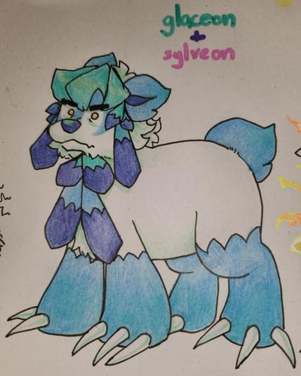 Gil, a Glaceon and Sylveon hybrid. They are unusually large and stocky for any type of Eeveelution, looking more like a bear than a cat, fox, rabbit, or any other stereotypical Eeveelution comparison. Much of its fur is white, except for accents in cyan, azure, and blue. The fur on top of its head, as well as the first pair of "ribbons" on its chest, are mostly cyan. The second pair of "ribbons" on their head and chest, along with their ears, the top half of their face, their limbs, and their tail, are azure. The tips of each "ribbon," his inner ears, and his nose are all blue. Their ears and tail are very short and round, and their paws are absolutely massive, with three equally oversized claws on each. Each of her "ribbons" comes to a diamond point, much like those on any Glaceon. They have thick eyebrows and beady golden eyes, which, along with the crescent shaped portions of their facial marking trailing down their cheekbones, give them a somewhat harsh look.