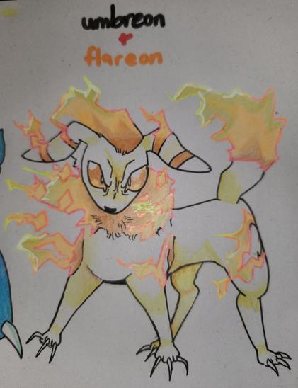 Bethlehem, a Flareon and Umbreon hybrid. His colors appear inverted from a Shiny Umbreon's, sporting a primarily white body with orange accents. Her mane and head plume are both crackling aggressively with bright flames, alongside most of the markings on her body. The end of his tail is completely lit ablaze as well. He is standing with an incredibly aggressive stance, claws unsheathed and shoulders tensed as he stares down the camera with an intense glare. Her eyes bear the same fiery orange glow as her markings.