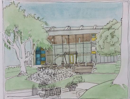 Croquis d'encre et d'aquarelle. Sur  l'avant un jardin avec un arbre de chaque côté et un parterre de fleurs en noir et blanc , dans le fond un palais de congrès des années 50 avec sa façade en verre semi-transparent.

An ink and watercolour sketch of a garden with a tree on each side and a flower bed in black and white. Behind a congress center of the 50ies with it's squared semi-transparent façade.