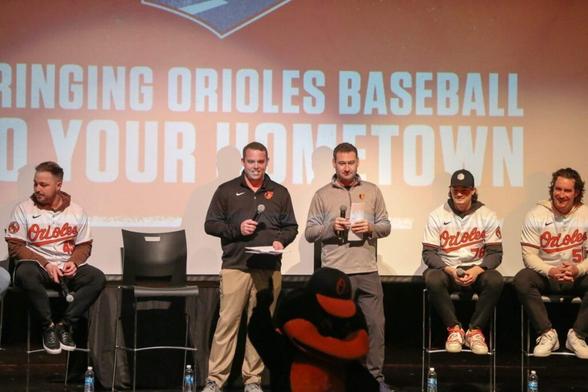 Geoff Arnold and Brett Hollander were the masters of ceremony for the Birdland Caravan fan rally at South Hagerstown High School on Saturday, Jan. 27, 2024.