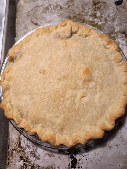 Golden-brown homemade pie cooling on a rustic metal tray.