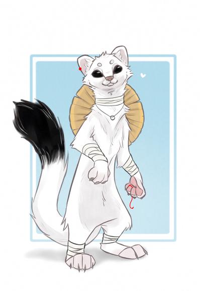 Art of Xie Lian as an anthropomorphic stoat, standing on his hind legs while looking at the viewer. There are bandages covering his arms, legs, and neck. He is wearing one red earring, a ring on a chain around his neck, and a red thread tied to his paw. He is carrying his bamboo hat on his back.