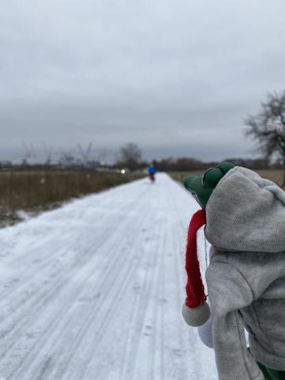 Kleiner dino schaut auf den verschneiten weg