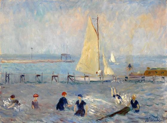 Six bathers wade and swim in the waves of Bellport Bay in Long Island, New York, where Glackens rented a summer cottage. A seventh figure, visible on the sailboat behind them, bends over, perhaps to tie a rope.