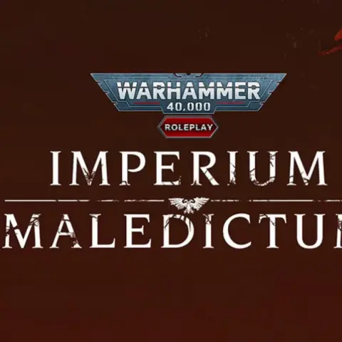 The image features the title "IMPERIUM MALEDICTUM" prominently displayed in bold, white lettering against a dark red background. Above the title, the "WARHAMMER 40,000" logo is showcased in a metallic blue and silver design, with the word "ROLEPLAY" highlighted in a red hexagon. The overall aesthetic conveys a sense of ominous grandeur, fitting for the Warhammer 40,000 universe.