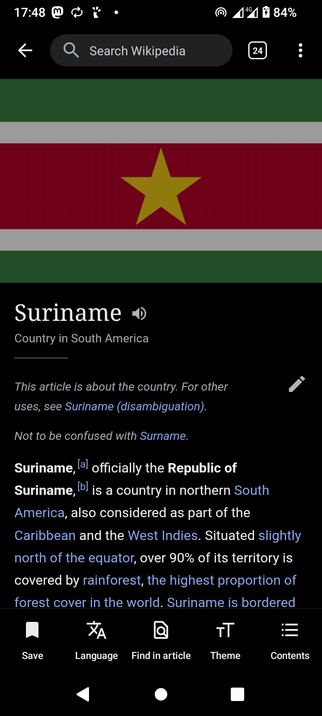 Wikipedia page of Suriname stating factual information about the Country