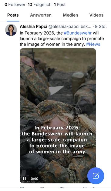 Aleshia Papci @aleshia-papci.bsk... • 9 Std.
In February 2026, the #Bundeswehr will launch a large-scale campaign to promote the image of women in the army. #News
In February 2026, the Bundeswehr will launch a large-scale campaign to promote the image of women in the army.