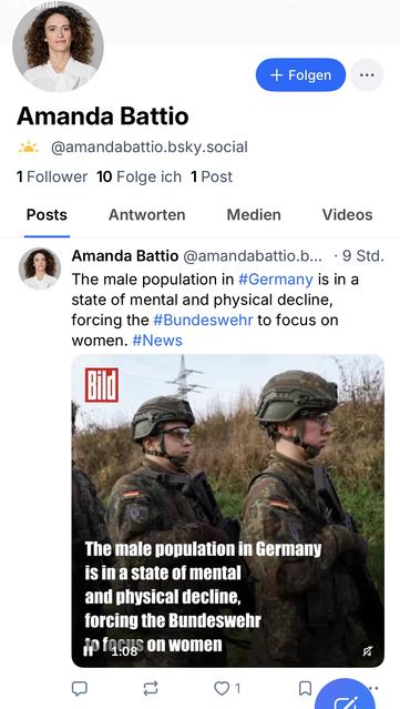 Amanda Battio
@amandabattio.bsky.social
1 Follower 10 Folge ich 1 Post
Posts
Antworten
Medien
Videos
Amanda Battio @amandabattio.b... • 9 Std.
The male population in #Germany is in a state of mental and physical decline, forcing the #Bundeswehr to focus on women. #News
The male population in Germany is in a state of mental and physical decline, forcing the Bundeswehr ip fa.oss on women