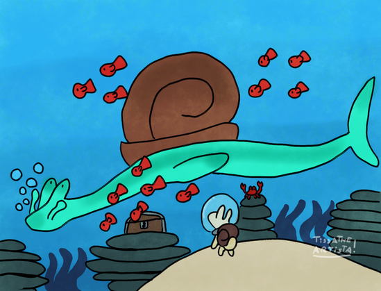 Desenho de um caracol gigante e azul com rabo de  peixe e nadadeiras nadando no fundo do mar cercado de peixes vermelhos.

Abaixo dele há algas marinhas e várias pilhas de pedras, encima de uma tem um baú de tesouro e em outra um carangueijo.

Há também um caracol amarelo e menor, com quatro patinhas em pé encima de uma monte de areia branca. Ele tem um capacete de oxigênio indicando que ele não é uma criatura marinha e ele está de costas para a câmera observando o caracol gigante.

Assinatura: Tissa The Artista!