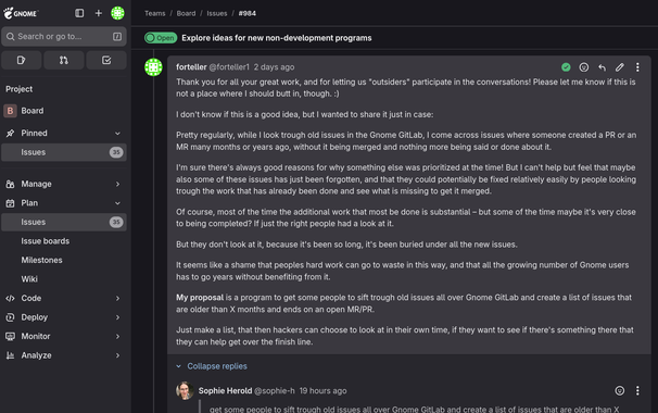 Screenshot from an issue on the Board part of the Gnome GitLab. I have written a way too long comment about an idea, and Sophie Herold has gracefully replied.