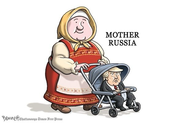 Trump in a stroller is pushed along by a babuska in  red peasant gear and captioned Mother Russia. Bennett cartoons