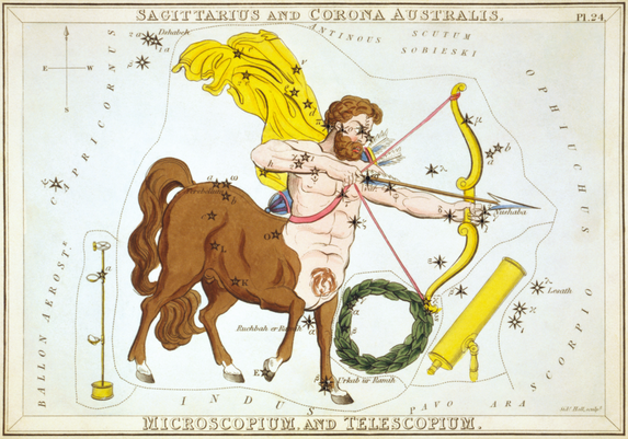 Vintage star map showing the Sagittarius centaur drawing a bow and arrow, surrounded by labeled stars and the constellations Corona Australis, Microscopium, and Telescopium.
