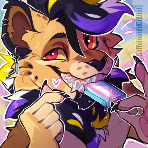Digital art of a furry feline character biting into a popsicle, showing off those sharp teeth with a big smile!
Artwork by, CaffeinatedCultist