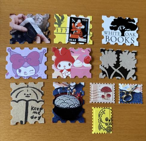 postage-stamp shaped die cuts of miscellaneous bits of paper that was otherwise destined for the recycle bin.