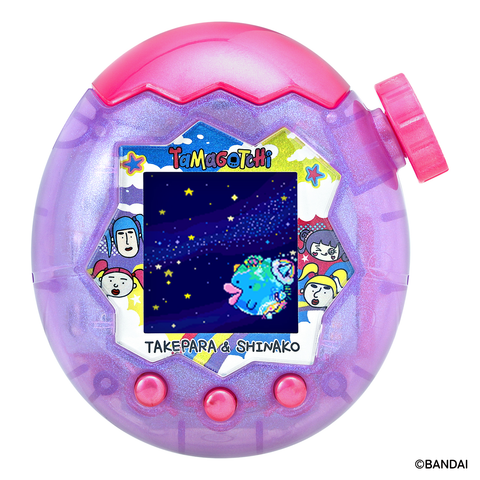 product photo of the new tamagotchi paradise takepara and shinako edition. The shell is a sparkly translucent purple and the the accents (buttons, top shell piece, and knob) are all glossy pink. There face plate says tamagotchi and featured 4 illustrated girls on a colorful background.