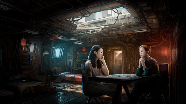 Image by Nuwan Tharaka.

On board a small trading ship rented by Shi Yin (left), Inspector Lin Mei (right) relates her recent trauma to the nihilistic Shi Yin.

The ship itself is cramped and industrial looking, basic beds on one side, and a table on the other.

Shi Yin is sat on the left side of the table, listening intently to Lin Mei. She is a young man who has suffered much trauma herself in her lifetime, and has some experience in what Lin Mei has experienced.

Lin Mei is sat on the right side, slowly explaining recent events, trying to reconcile how she feels about it.