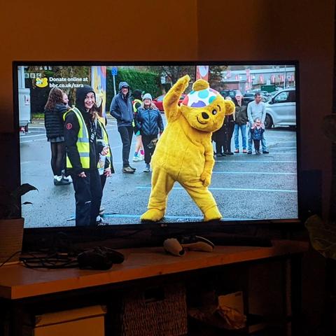 Photo of a TV screen showing Pudsey the Bear doing some warm-up exercises in the rain. Behind him can be seen a couple in raincoats, with a dog's head just visible behind Pudsey.