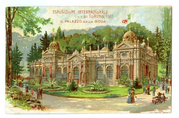 The image depicts a vibrant and detailed illustration of the Palazzo della Moda, which was part of an international exposition held in Turin in 1911. The structure is rendered with elaborate architectural detailing including ornate columns, arches, and decorative elements that are characteristic of classical Italian design from this period.

Surrounding the building is a lush landscape featuring various green trees, shrubs, and well-manicured lawns indicating meticulous care for garden aesthetics common in European public parks. People dressed in early 20th-century attire stroll leisurely around the grounds or sit on benches near pathways, suggesting that it was an inviting space open to visitors.

The sky is a clear blue with some fluffy clouds, enhancing the cheerful and lively atmosphere of the scene. The colors used are rich yet harmonious, emphasizing greens for nature, reds and oranges in clothing to denote vibrancy, and earthy tones on architectural elements which gives depth and texture.

In the background, there's an outline of what seems like a bridge or another structure partially obscured by foliage indicating that this location might be part of larger park expanse. The artwork carries a vintage feel with its slight color fading around edges suggesting it could be from postcards commonly produced during such events for commemorative purposes.