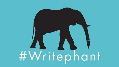 The profile of an elephant with a pen for a trunk in black. #Writephant is written in white. All on a blue background.